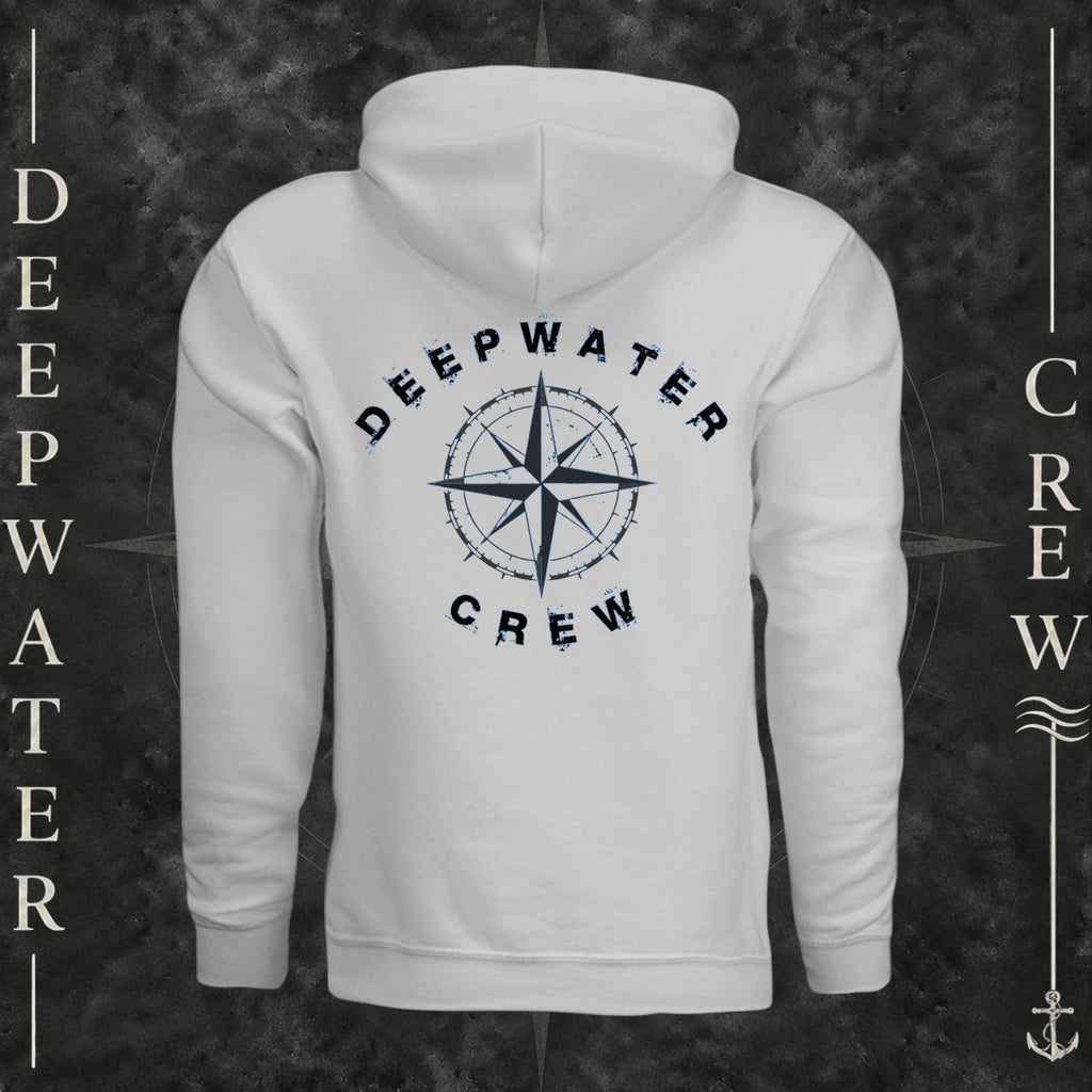 Smoke Deepwater Crew Co. Deepwater Nomad Heavy Fleece Hoodie, back view with large distressed compass rose graphic and Deepwater Crew lettering.