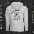 Smoke Deepwater Crew Co. Deepwater Nomad Heavy Fleece Hoodie, back view with large distressed compass rose graphic and Deepwater Crew lettering.