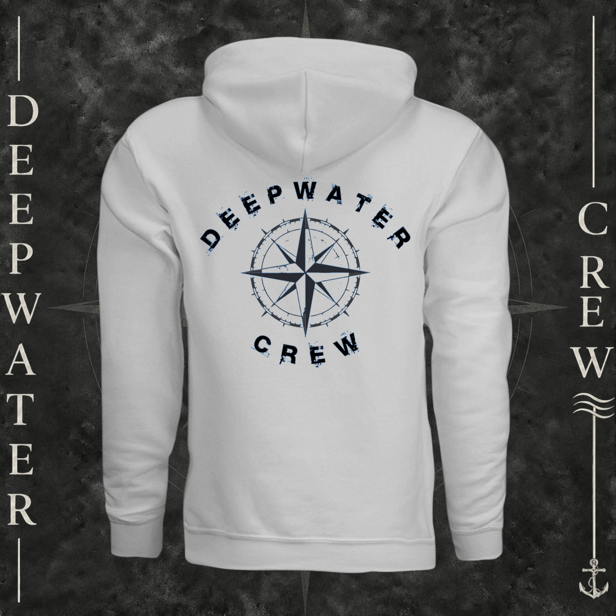 Smoke Deepwater Crew Co. Deepwater Nomad Heavy Fleece Hoodie, back view with large distressed compass rose graphic and Deepwater Crew lettering.