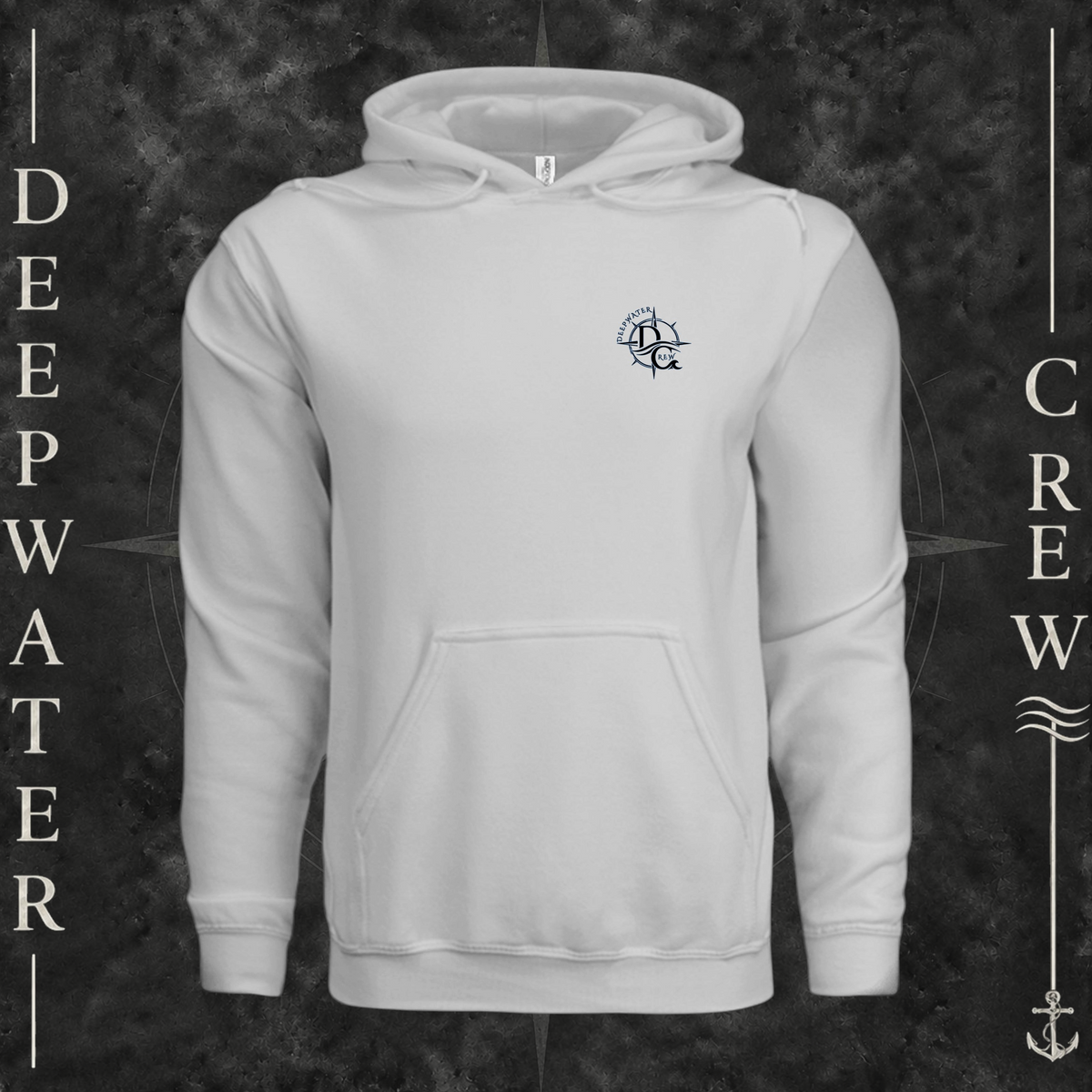 Smoke Deepwater Crew Co. Deepwater Nomad Heavy Fleece Hoodie, front view with small DC compass crest chest logo.