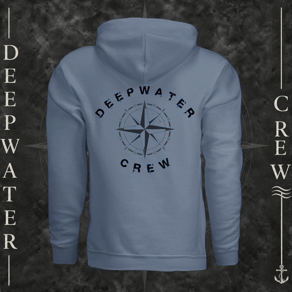 Storm Blue Deepwater Crew Co. Deepwater Nomad Heavy Fleece Hoodie, back view with large distressed compass rose graphic and Deepwater Crew lettering.