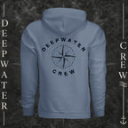 Storm Blue Deepwater Crew Co. Deepwater Nomad Heavy Fleece Hoodie, back view with large distressed compass rose graphic and Deepwater Crew lettering.