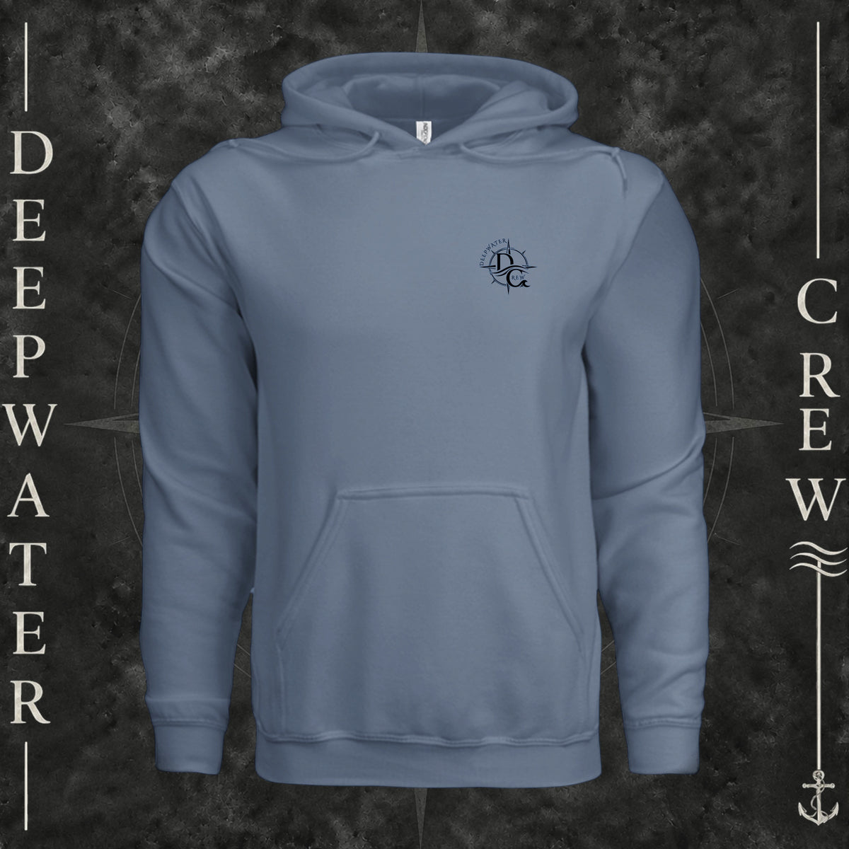 Storm Blue Deepwater Crew Co. Deepwater Nomad Heavy Fleece Hoodie, front view with small DC compass crest chest logo.