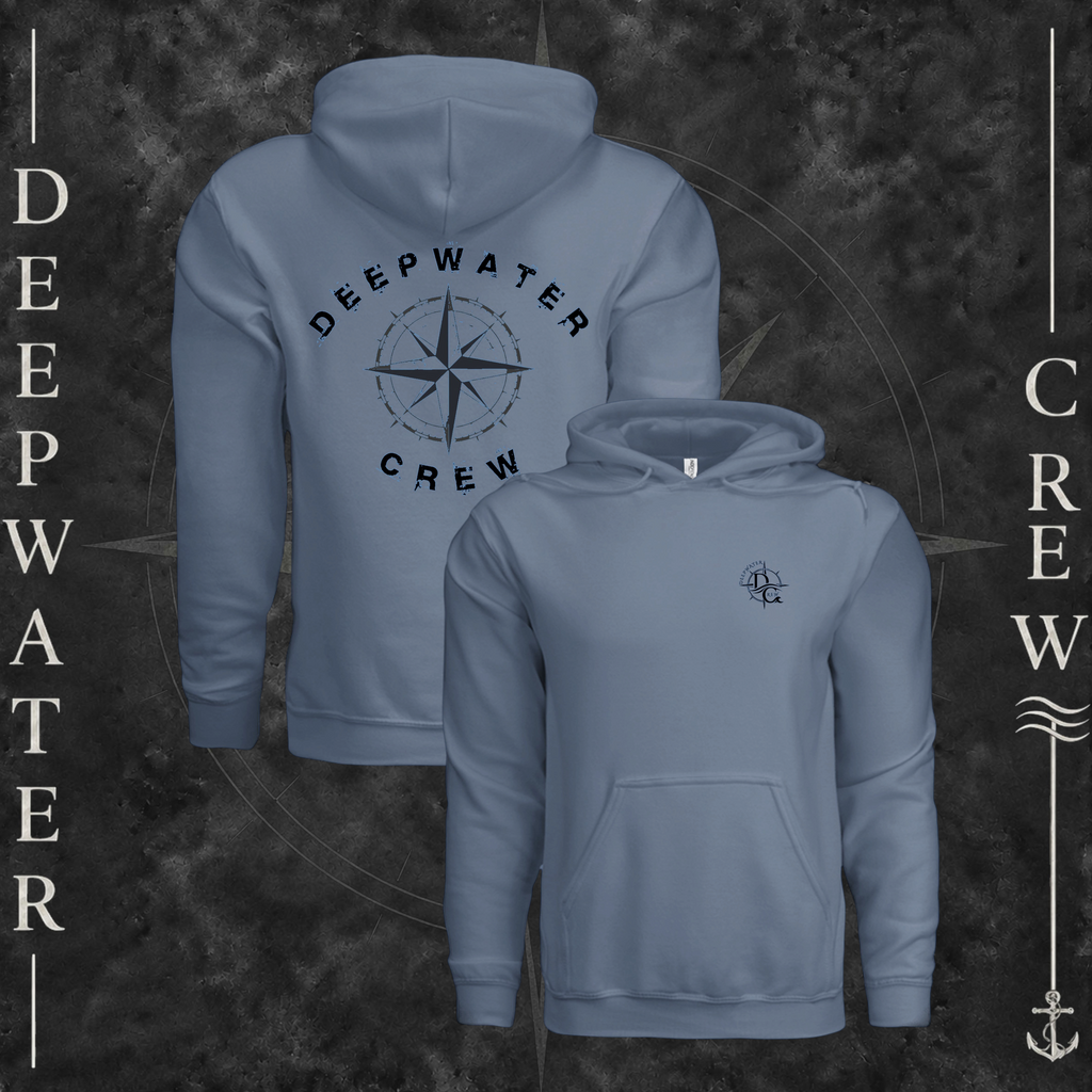 Storm Blue Deepwater Crew Co. Deepwater Nomad Heavy Fleece Hoodie, product view on branded Deepwater Crew compass background.