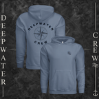 Storm Blue Deepwater Crew Co. Deepwater Nomad Heavy Fleece Hoodie, product view on branded Deepwater Crew compass background.