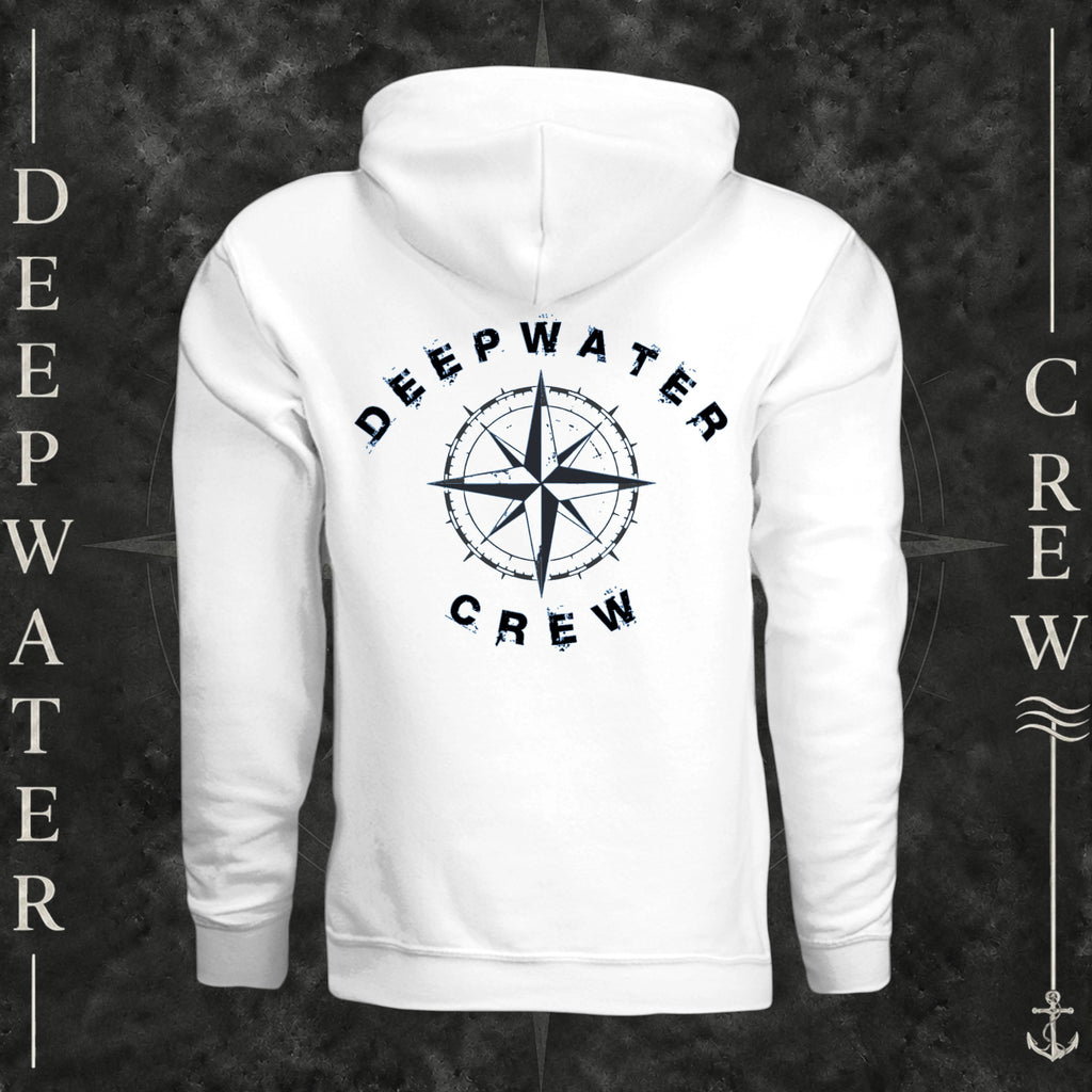 White Deepwater Crew Co. Deepwater Nomad Heavy Fleece Hoodie, back view with large distressed compass rose graphic and Deepwater Crew lettering.