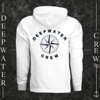 White Deepwater Crew Co. Deepwater Nomad Heavy Fleece Hoodie, back view with large distressed compass rose graphic and Deepwater Crew lettering.