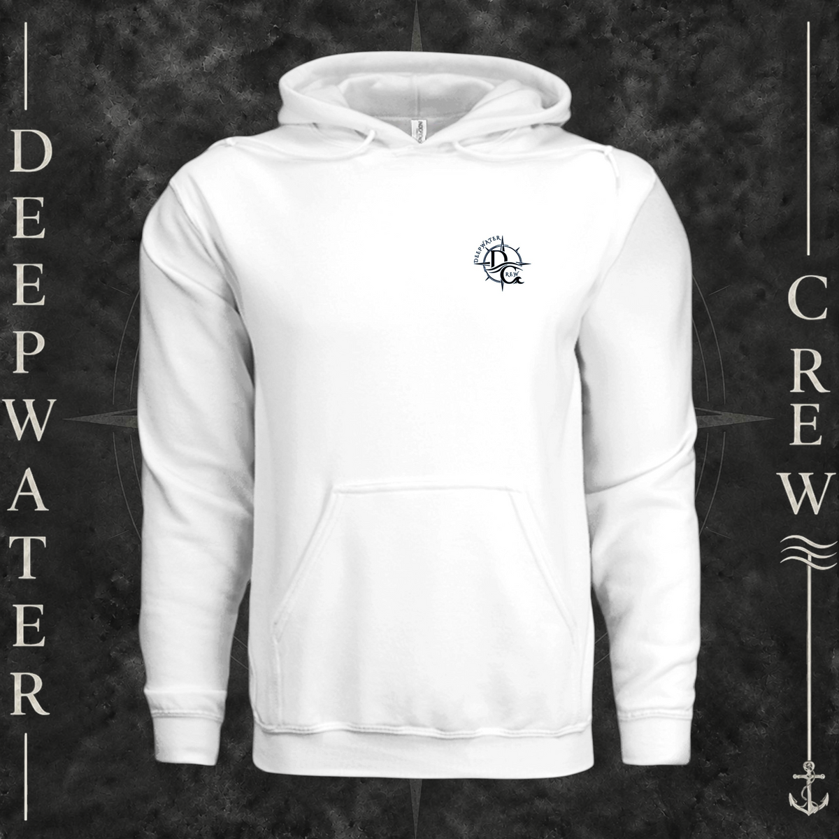 White Deepwater Crew Co. Deepwater Nomad Heavy Fleece Hoodie, front view with small DC compass crest chest logo.