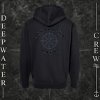 Black Deepwater Crew Co. Deepwater Nomad Heavy Fleece Zip Hoodie, back view with large distressed compass rose graphic and Deepwater Crew lettering.