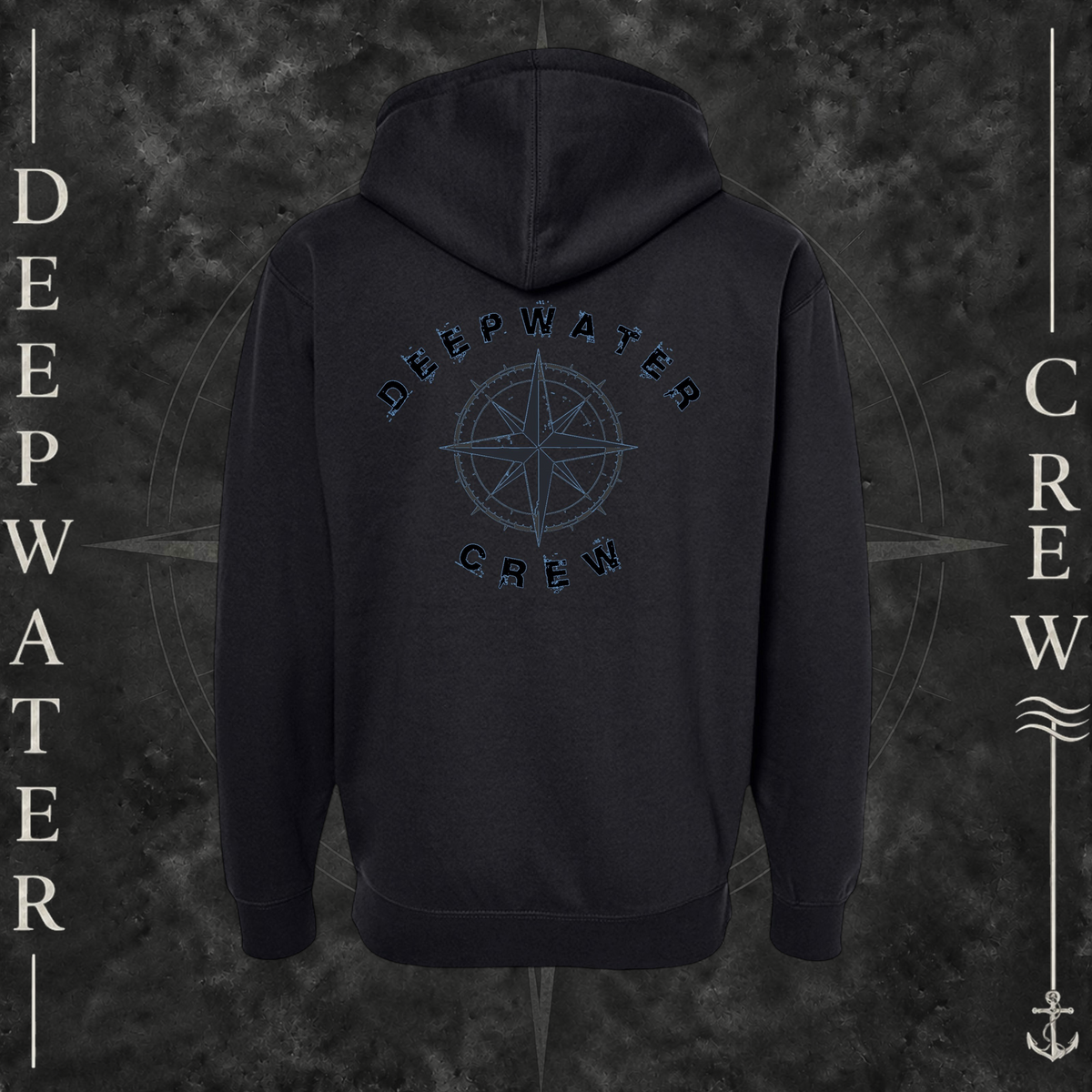 Black Deepwater Crew Co. Deepwater Nomad Heavy Fleece Zip Hoodie, back view with large distressed compass rose graphic and Deepwater Crew lettering.