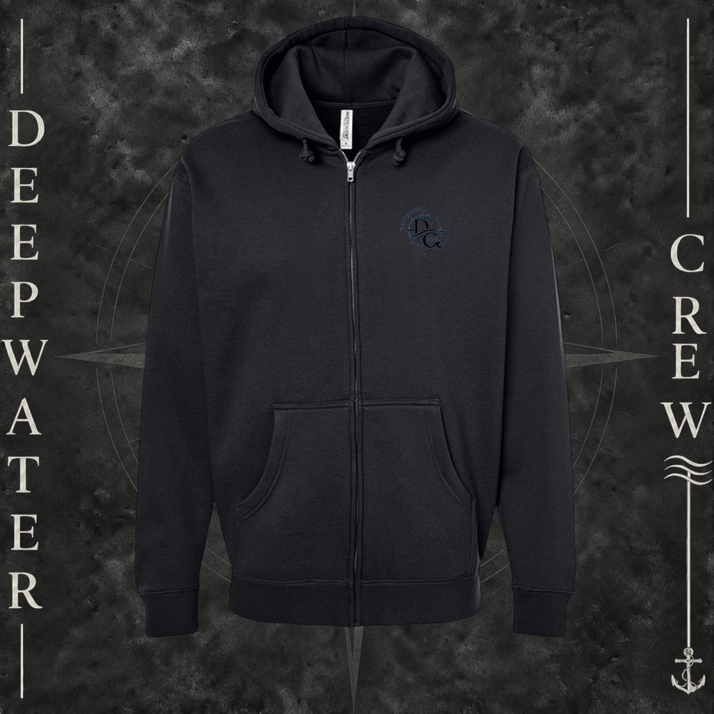 Black Deepwater Crew Co. Deepwater Nomad Heavy Fleece Zip Hoodie, front view with small DC compass crest chest logo.