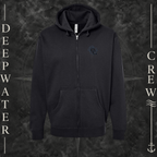 Black Deepwater Crew Co. Deepwater Nomad Heavy Fleece Zip Hoodie, front view with small DC compass crest chest logo.