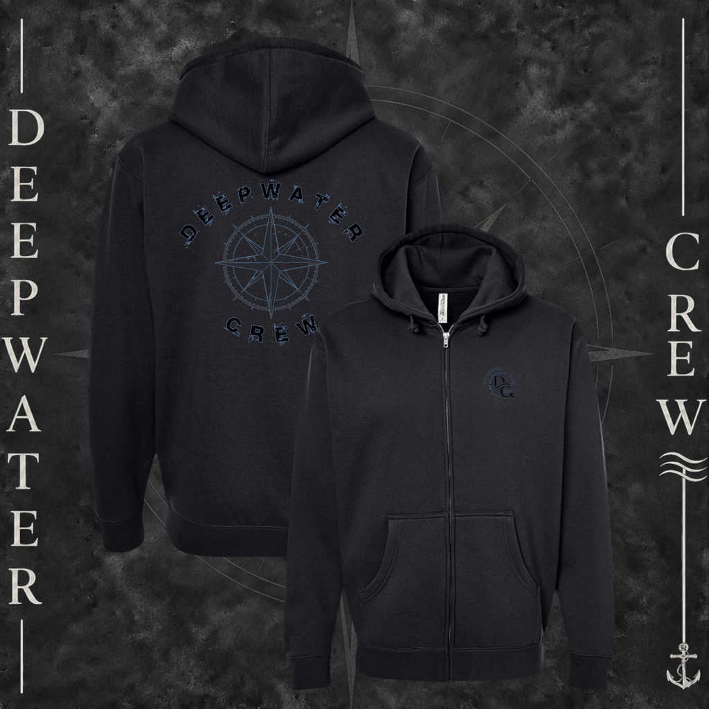 Black Deepwater Crew Co. Deepwater Nomad Heavy Fleece Zip Hoodie, product view on branded Deepwater Crew compass background.