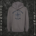 Solid Charcoal Deepwater Crew Co. Deepwater Nomad Heavy Fleece Zip Hoodie, back view with large distressed compass rose graphic and Deepwater Crew lettering.