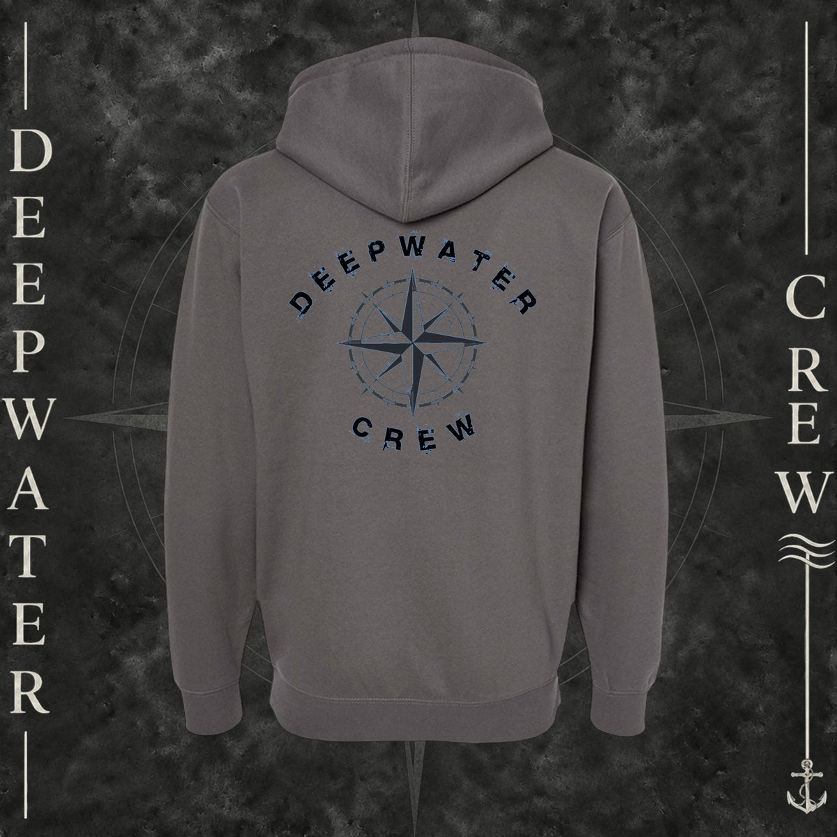 Solid Charcoal Deepwater Crew Co. Deepwater Nomad Heavy Fleece Zip Hoodie, back view with large distressed compass rose graphic and Deepwater Crew lettering.