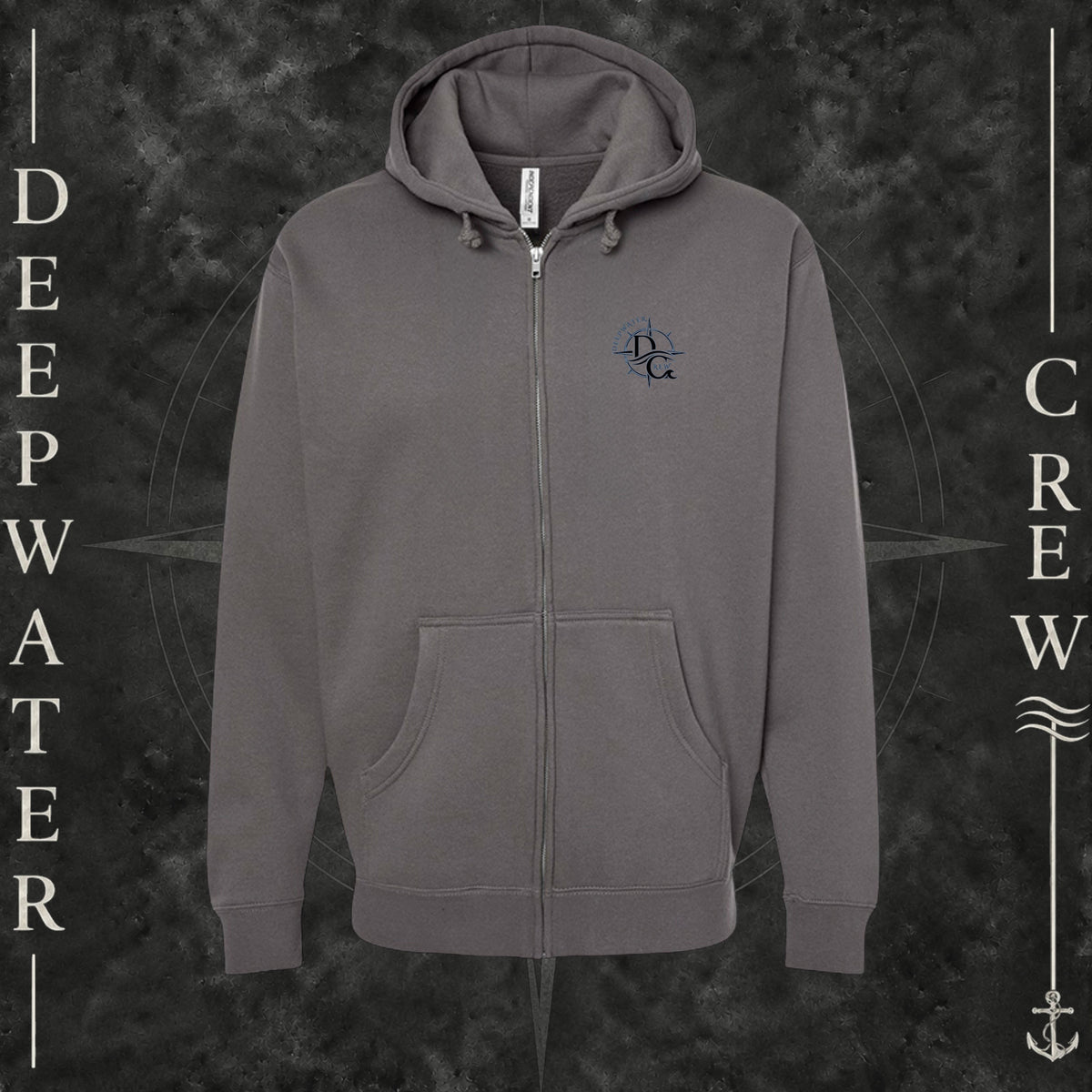 Solid Charcoal Deepwater Crew Co. Deepwater Nomad Heavy Fleece Zip Hoodie, front view with small DC compass crest chest logo.