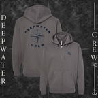 Solid Charcoal Deepwater Crew Co. Deepwater Nomad Heavy Fleece Zip Hoodie, product view on branded Deepwater Crew compass background.