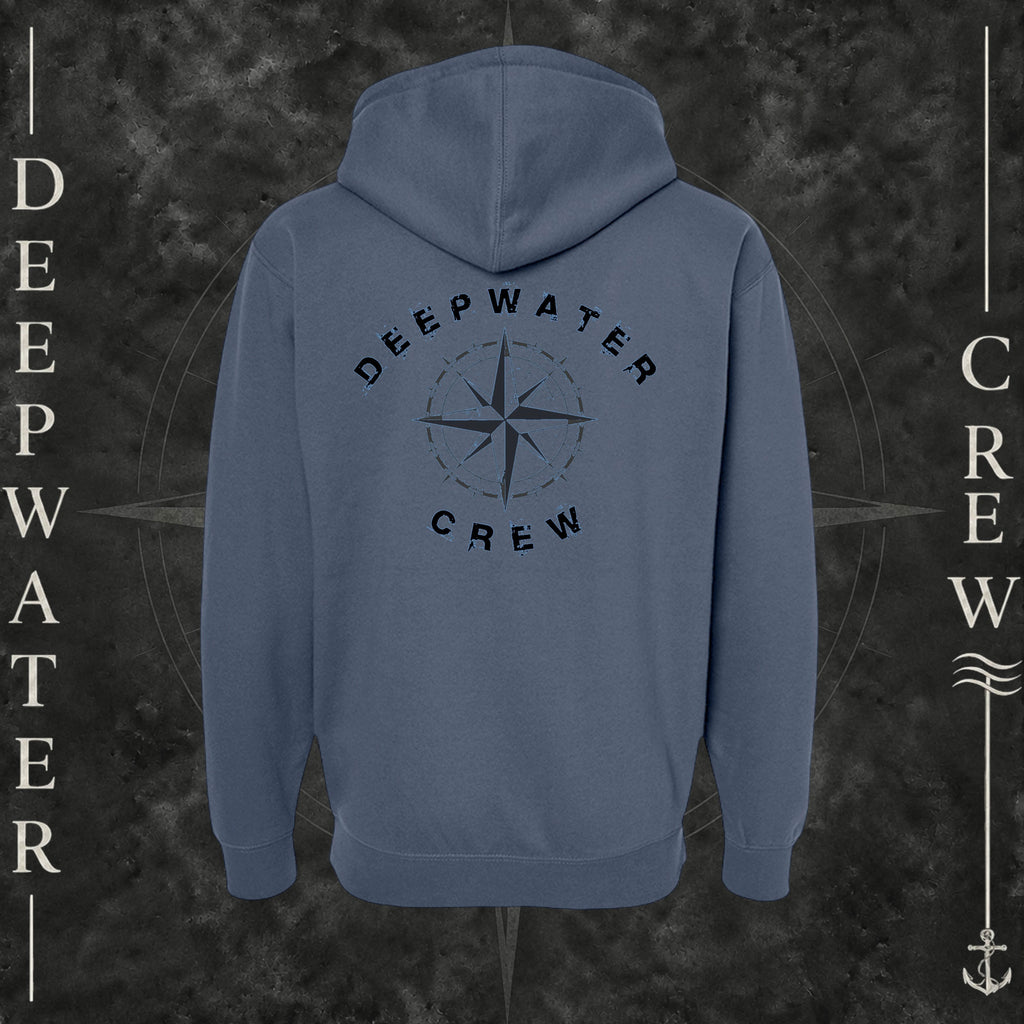 Storm Blue Deepwater Crew Co. Deepwater Nomad Heavy Fleece Zip Hoodie, back view with large distressed compass rose graphic and Deepwater Crew lettering.