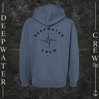 Storm Blue Deepwater Crew Co. Deepwater Nomad Heavy Fleece Zip Hoodie, back view with large distressed compass rose graphic and Deepwater Crew lettering.