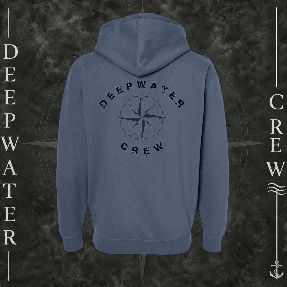 Storm Blue Deepwater Crew Co. Deepwater Nomad Heavy Fleece Zip Hoodie, back view with large distressed compass rose graphic and Deepwater Crew lettering.