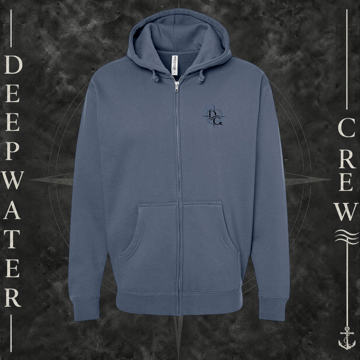 Storm Blue Deepwater Crew Co. Deepwater Nomad Heavy Fleece Zip Hoodie, front view with small DC compass crest chest logo.