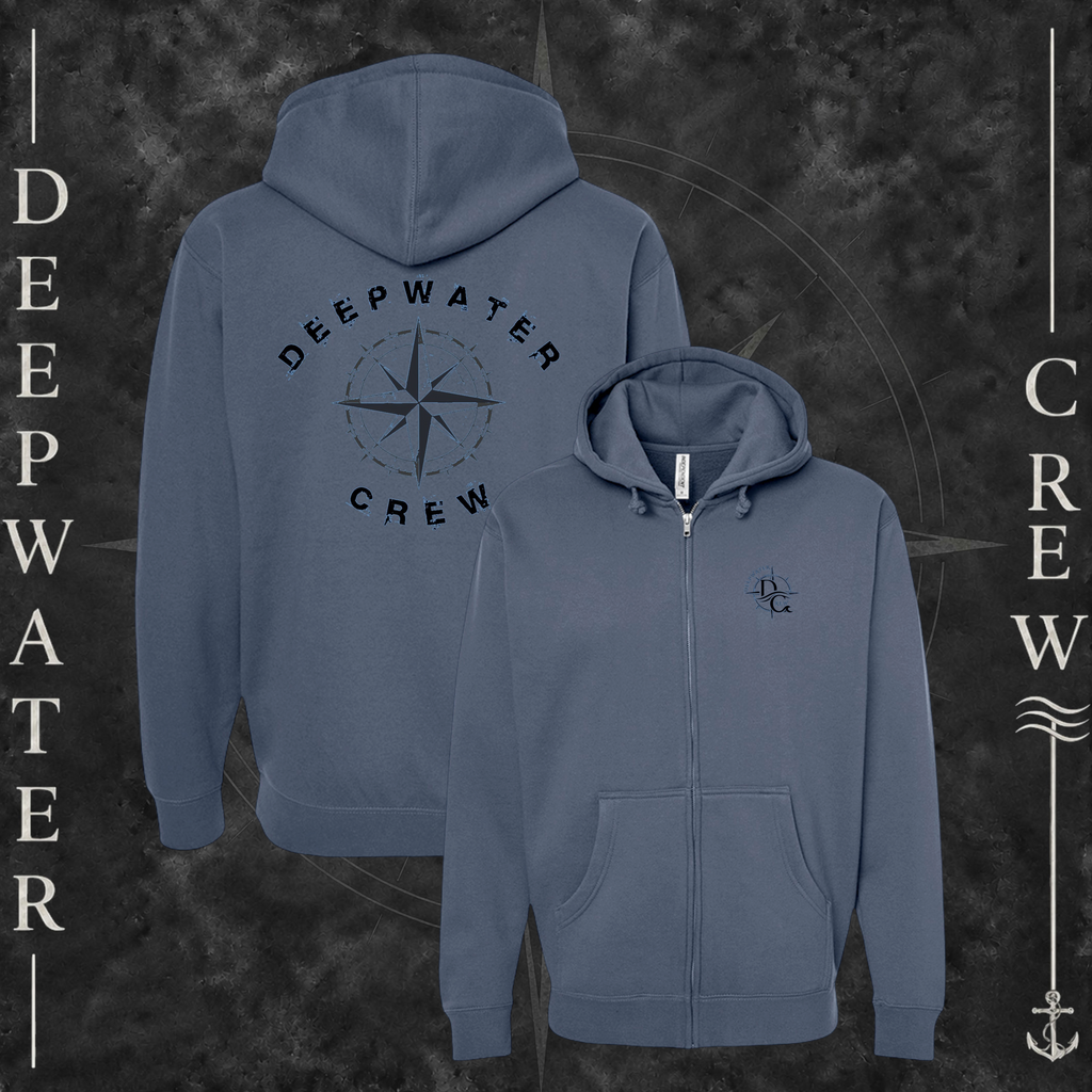 Storm Blue Deepwater Crew Co. Deepwater Nomad Heavy Fleece Zip Hoodie, product view on branded Deepwater Crew compass background.