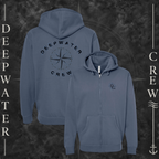 Storm Blue Deepwater Crew Co. Deepwater Nomad Heavy Fleece Zip Hoodie, product view on branded Deepwater Crew compass background.