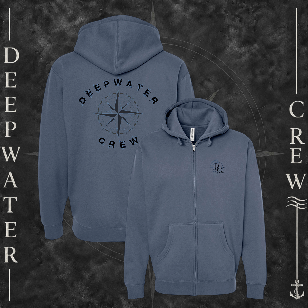 Storm Blue Deepwater Crew Co. Deepwater Nomad Heavy Fleece Zip Hoodie, product view on branded Deepwater Crew compass background.