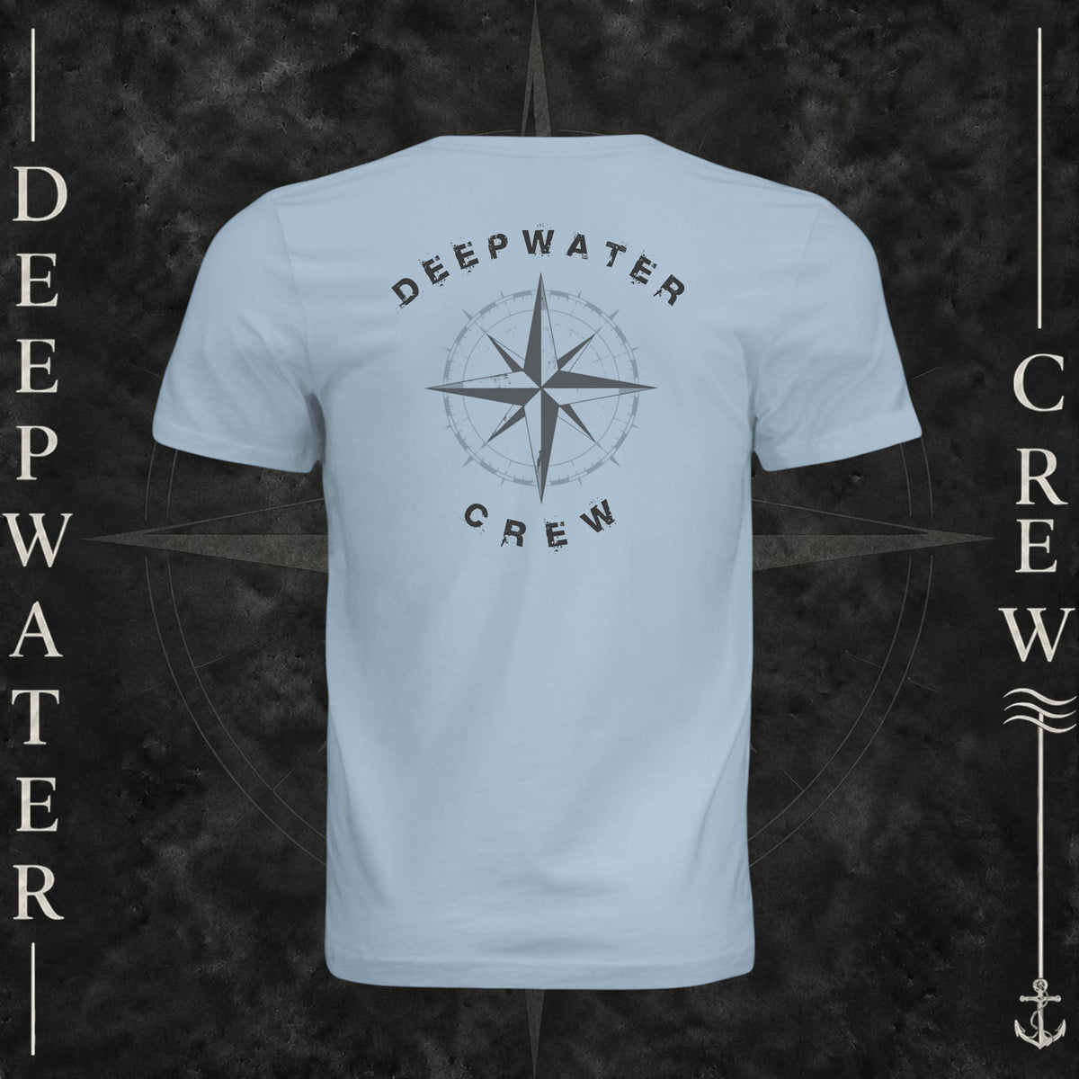 Light Blue Deepwater Crew Co. Deepwater Nomad crewneck T-shirt, back view with large distressed compass rose graphic and Deepwater Crew lettering.