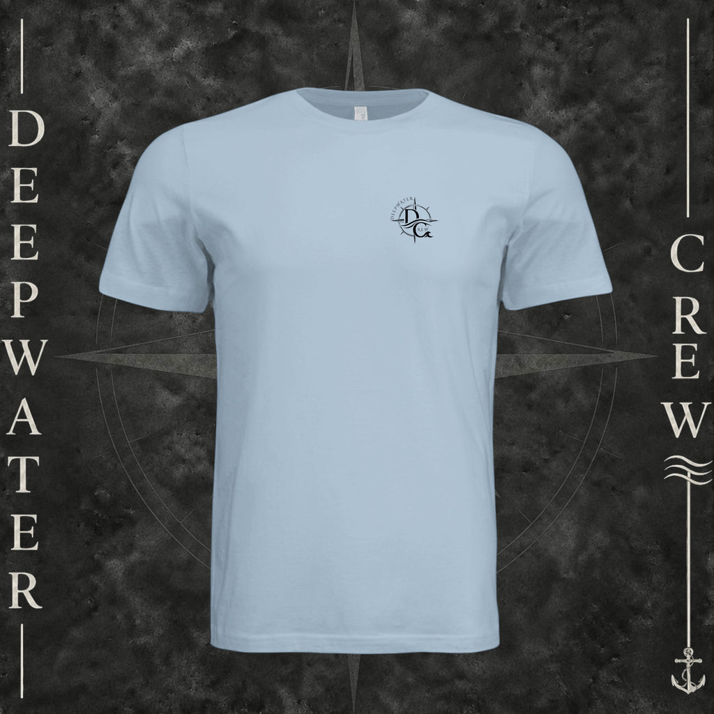 Light Blue Deepwater Crew Co. Deepwater Nomad crewneck T-shirt, front view with small DC compass crest chest logo.