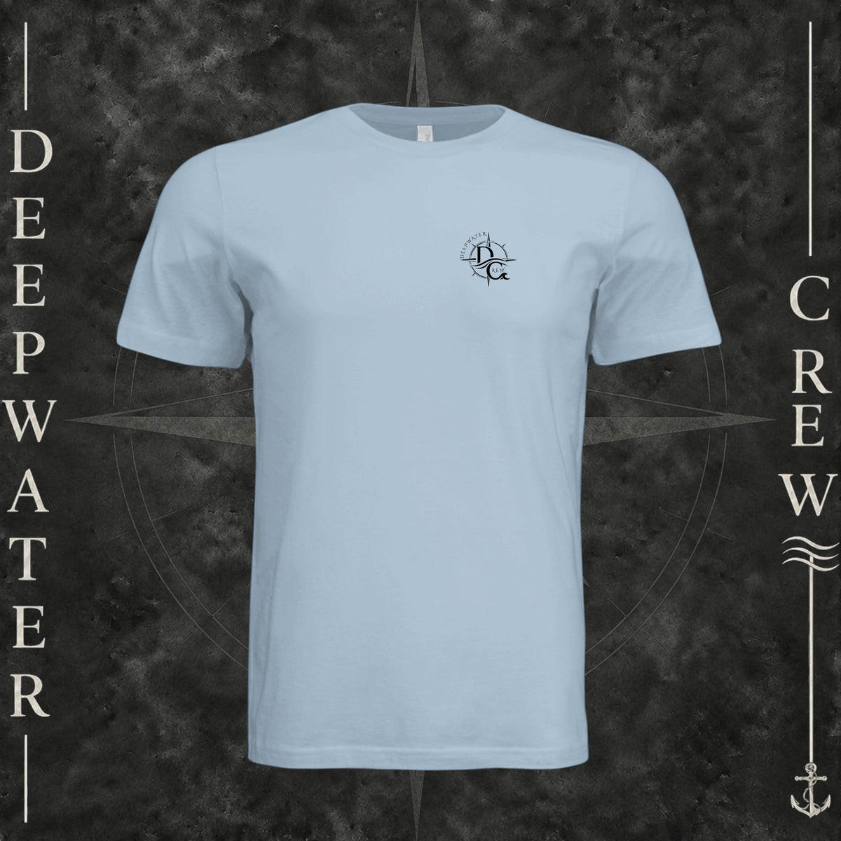 Light Blue Deepwater Crew Co. Deepwater Nomad crewneck T-shirt, front view with small DC compass crest chest logo.