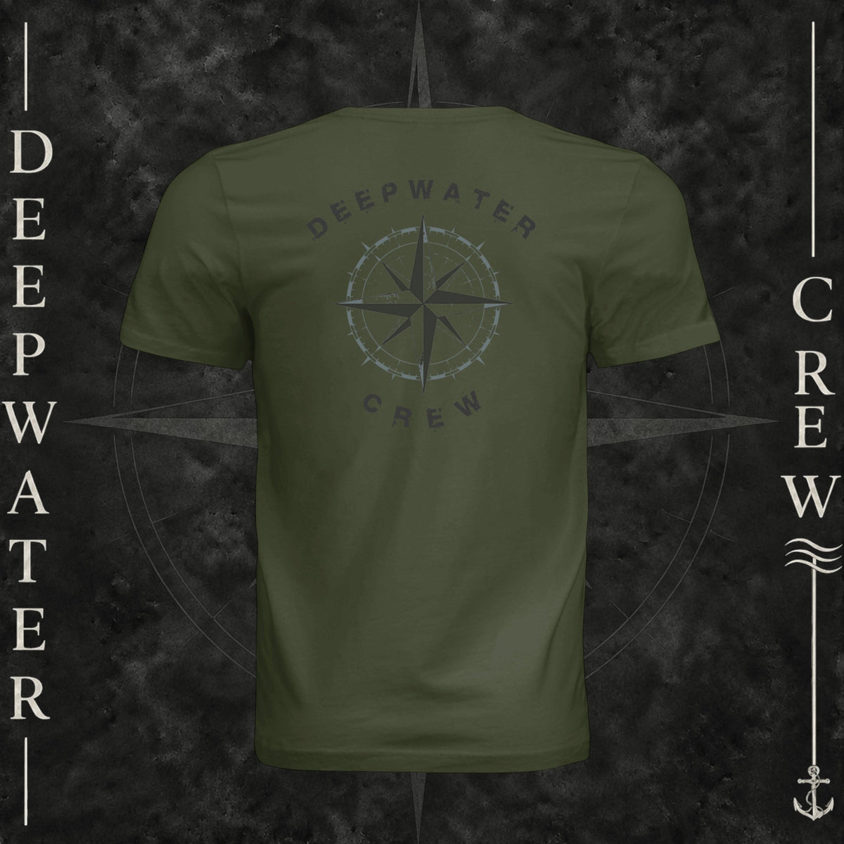 Military Green Deepwater Crew Co. Deepwater Nomad crewneck T-shirt, back view with large distressed compass rose graphic and Deepwater Crew lettering.