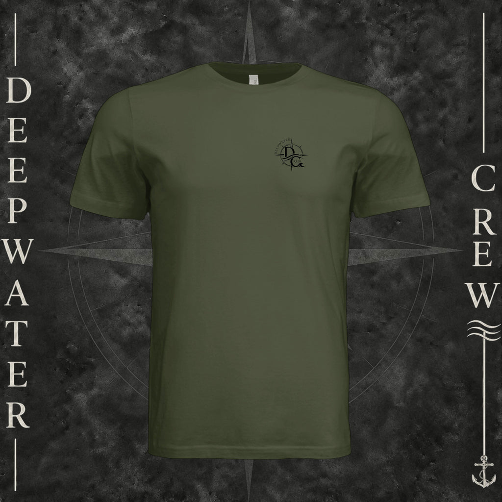 Military Green Deepwater Crew Co. Deepwater Nomad crewneck T-shirt, front view with small DC compass crest chest logo.