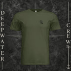 Military Green Deepwater Crew Co. Deepwater Nomad crewneck T-shirt, front view with small DC compass crest chest logo.