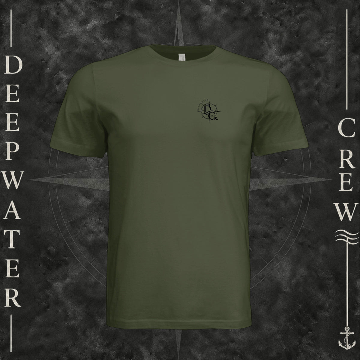 Military Green Deepwater Crew Co. Deepwater Nomad crewneck T-shirt, front view with small DC compass crest chest logo.