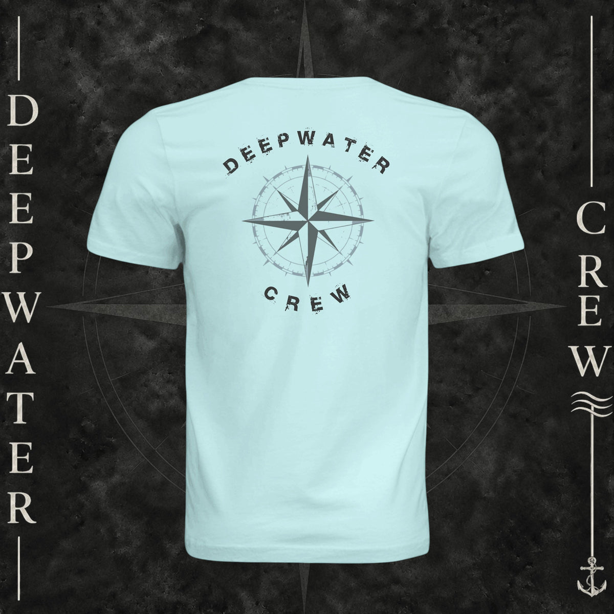 Mint Deepwater Crew Co. Deepwater Nomad crewneck T-shirt, back view with large distressed compass rose graphic and Deepwater Crew lettering.