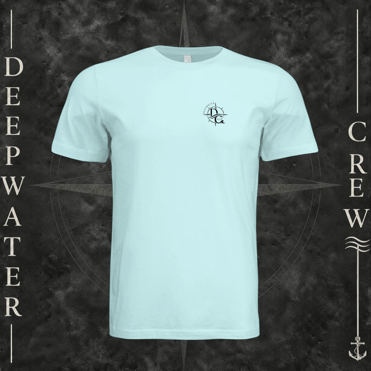 Mint Deepwater Crew Co. Deepwater Nomad crewneck T-shirt, front view with small DC compass crest chest logo.
