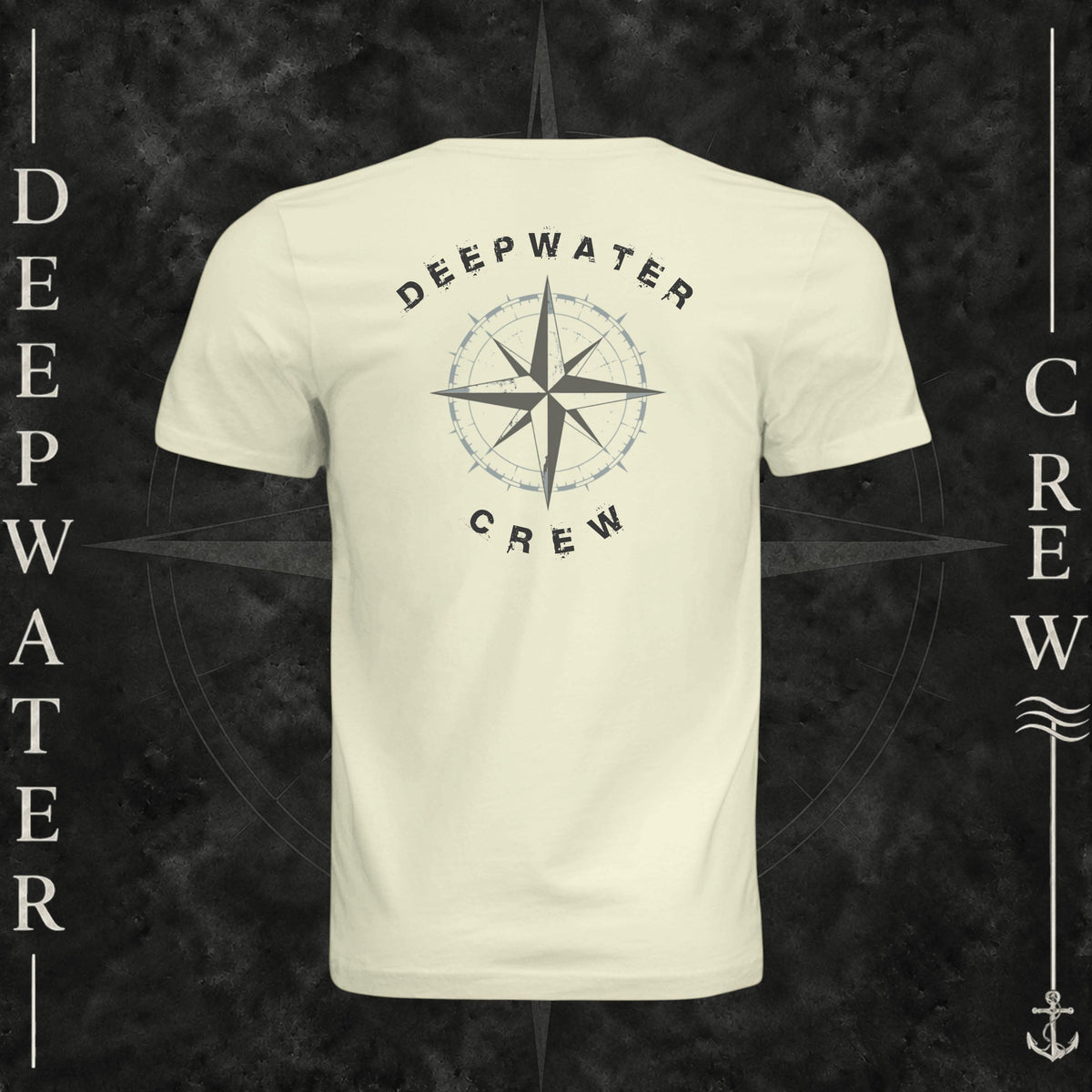 Natural Deepwater Crew Co. Deepwater Nomad crewneck T-shirt, back view with large distressed compass rose graphic and Deepwater Crew lettering.