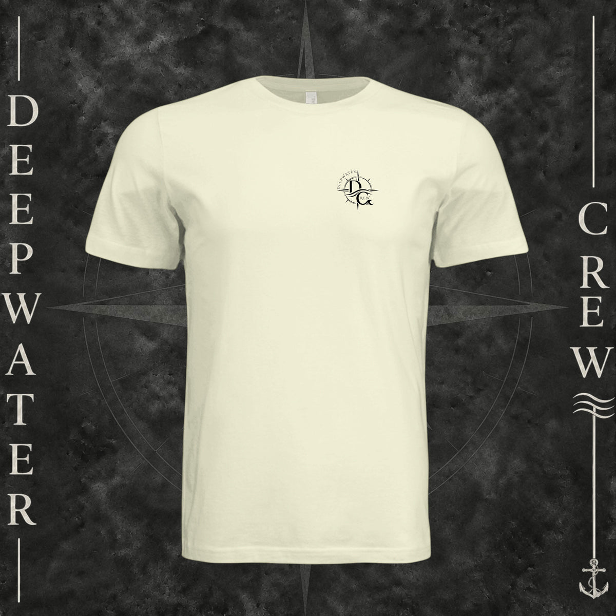 Natural Deepwater Crew Co. Deepwater Nomad crewneck T-shirt, front view with small DC compass crest chest logo.
