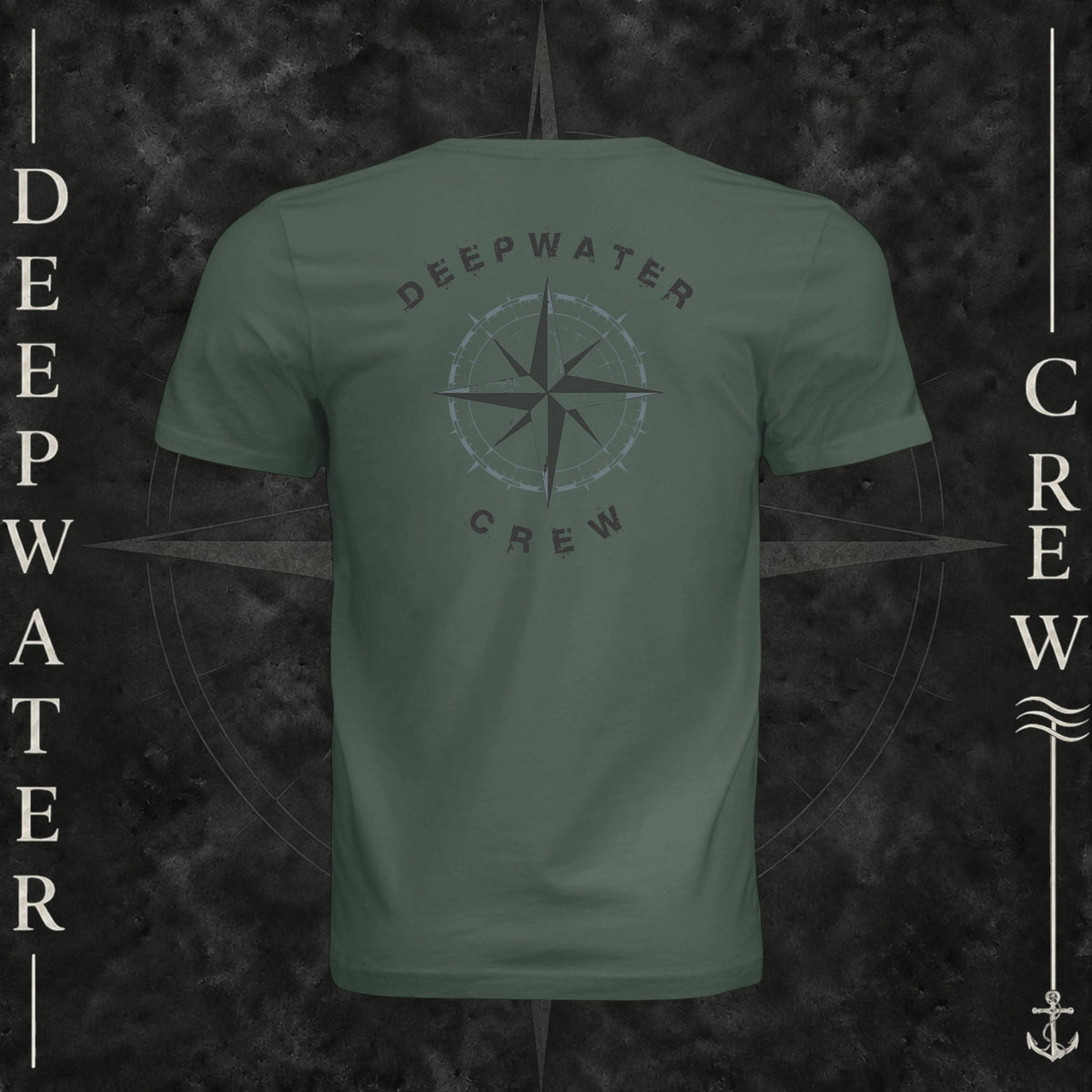 Pine Deepwater Crew Co. Deepwater Nomad crewneck T-shirt, back view with large distressed compass rose graphic and Deepwater Crew lettering.