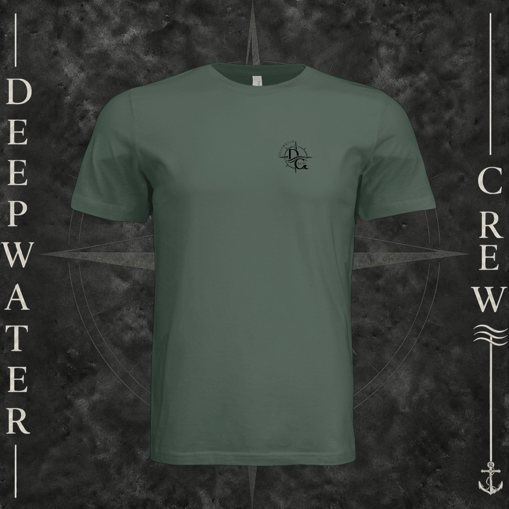 Pine Deepwater Crew Co. Deepwater Nomad crewneck T-shirt, front view with small DC compass crest chest logo.