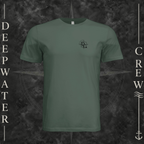 Pine Deepwater Crew Co. Deepwater Nomad crewneck T-shirt, front view with small DC compass crest chest logo.