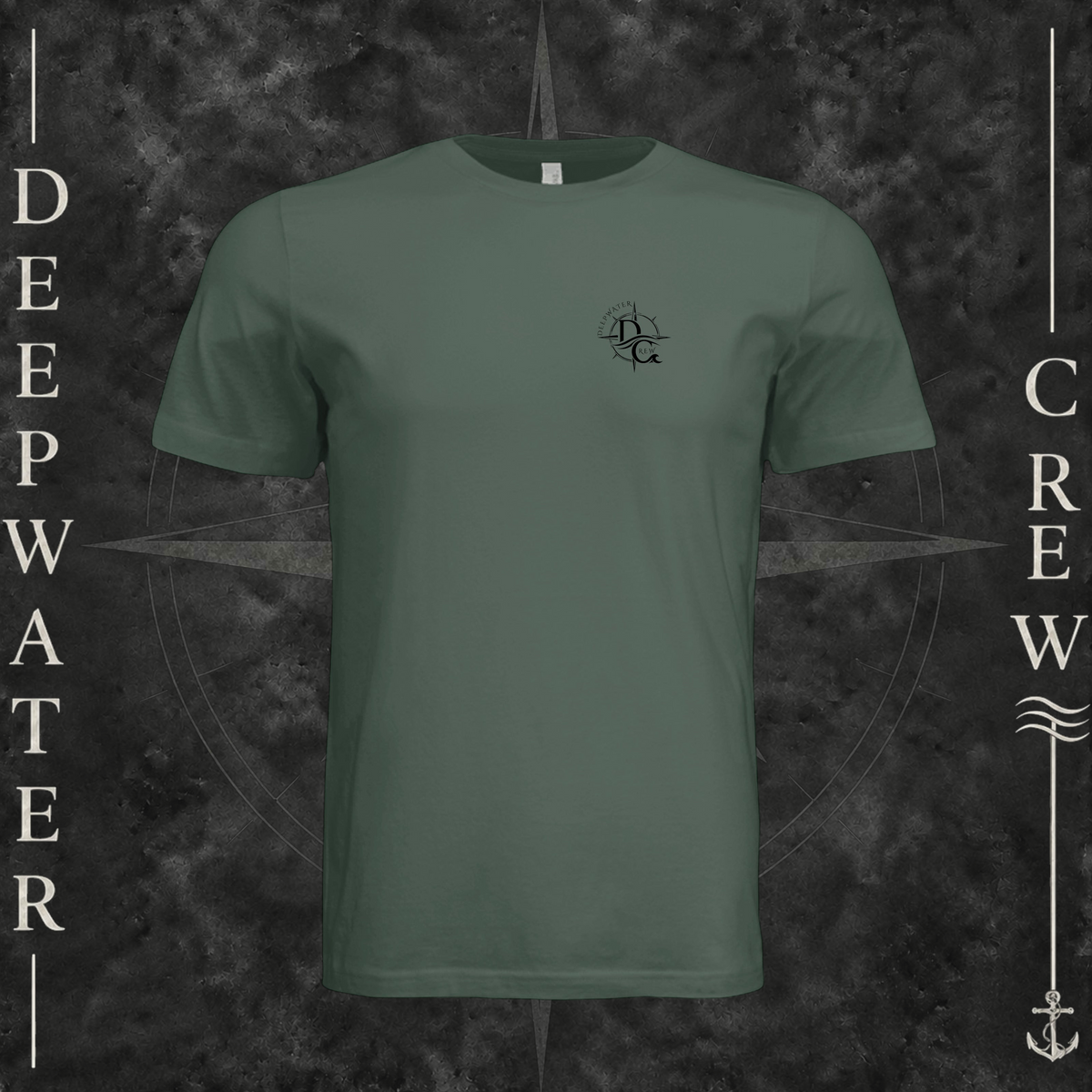 Pine Deepwater Crew Co. Deepwater Nomad crewneck T-shirt, front view with small DC compass crest chest logo.