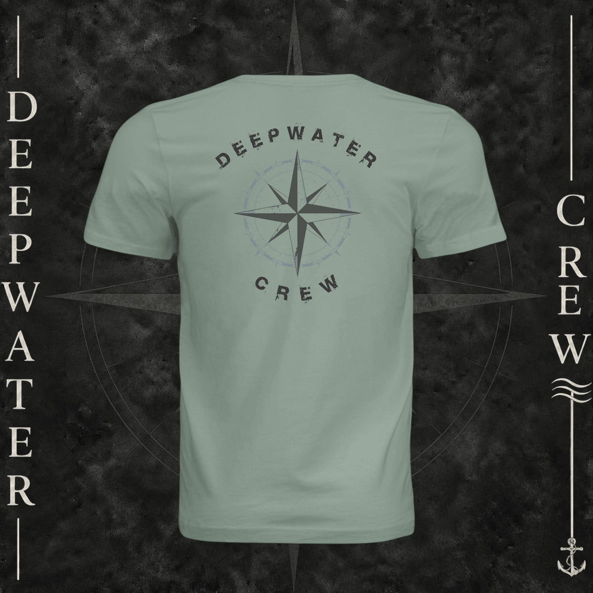 Sage Deepwater Crew Co. Deepwater Nomad crewneck T-shirt, back view with large distressed compass rose graphic and Deepwater Crew lettering.