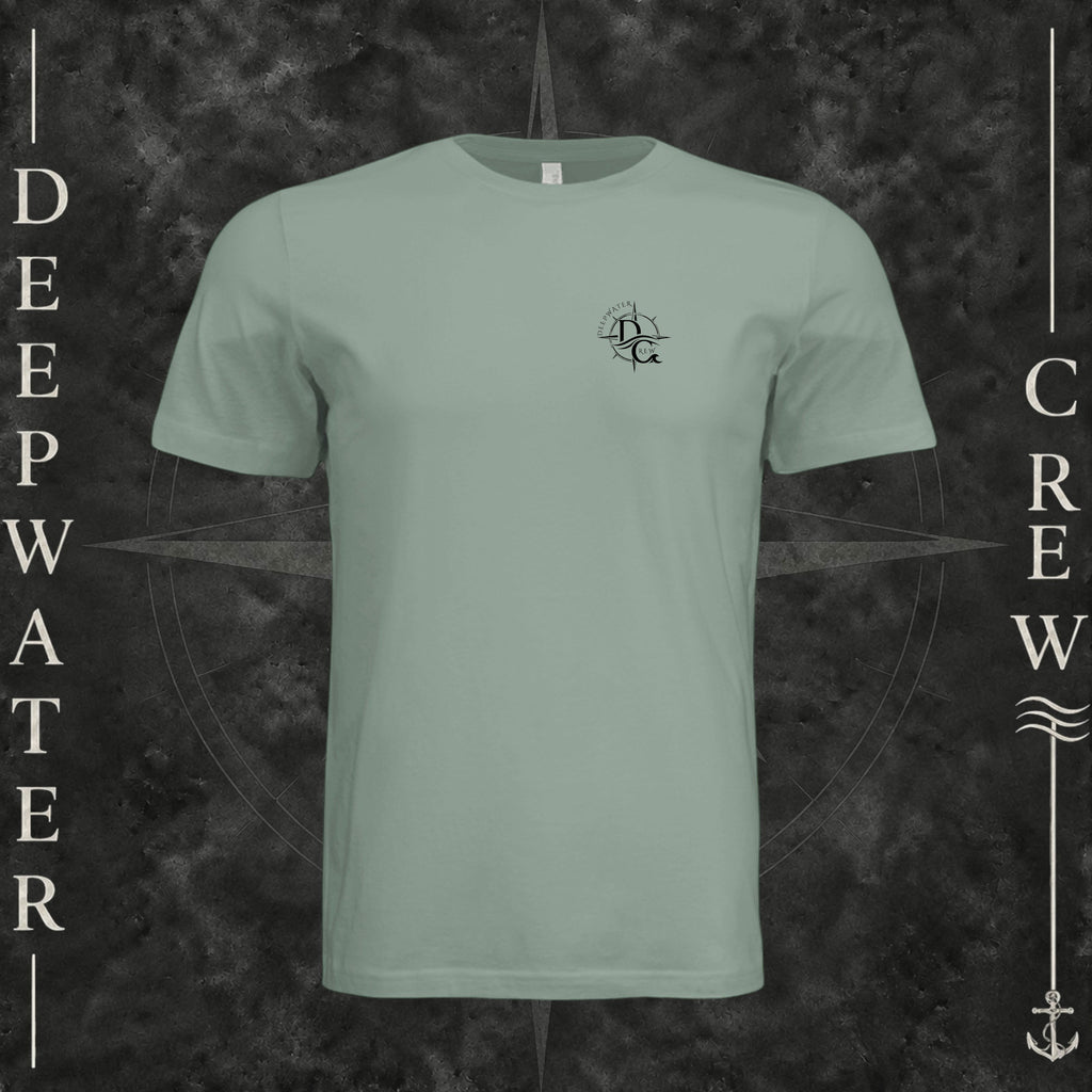 Sage Deepwater Crew Co. Deepwater Nomad crewneck T-shirt, front view with small DC compass crest chest logo.