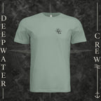 Sage Deepwater Crew Co. Deepwater Nomad crewneck T-shirt, front view with small DC compass crest chest logo.