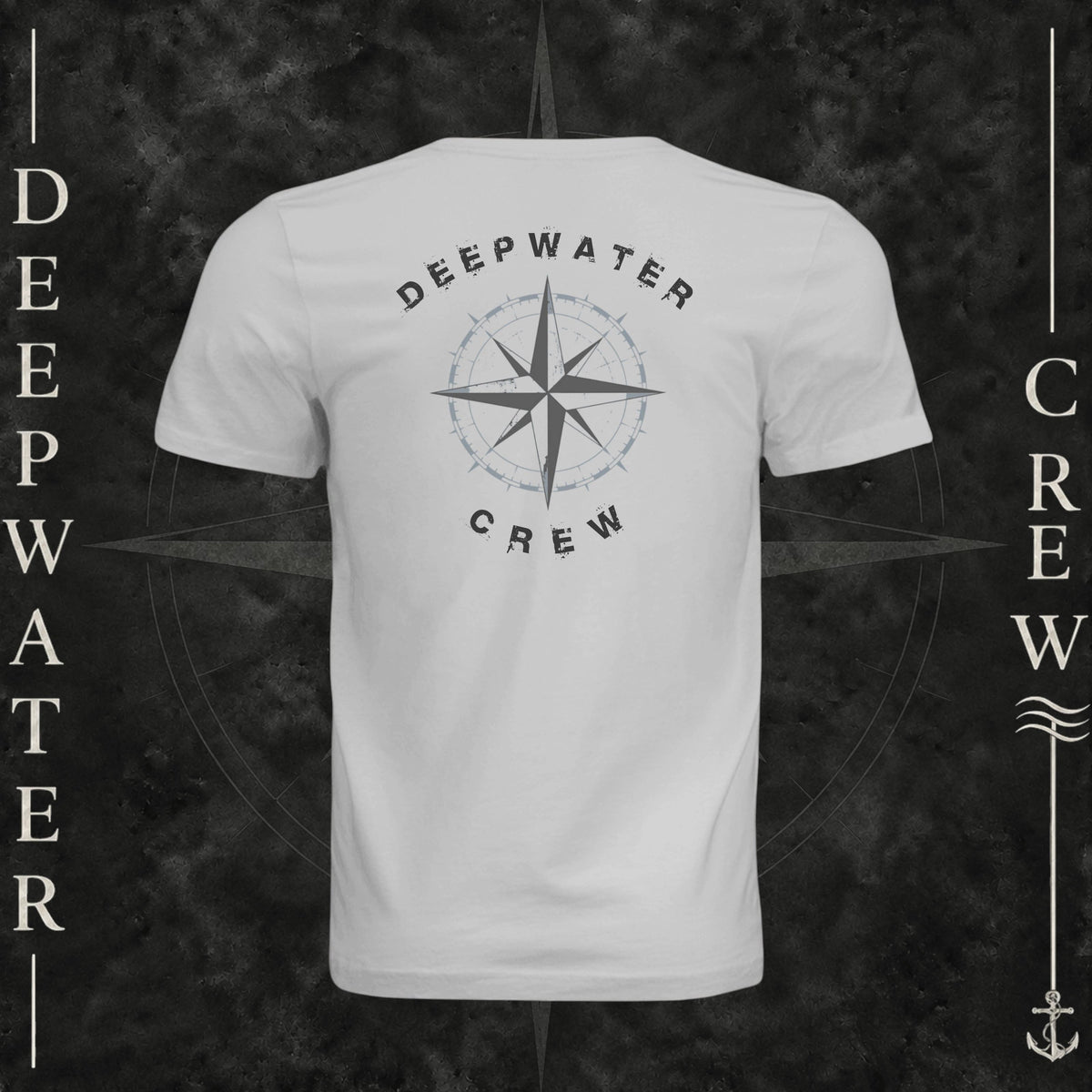 Silver Deepwater Crew Co. Deepwater Nomad crewneck T-shirt, back view with large distressed compass rose graphic and Deepwater Crew lettering.