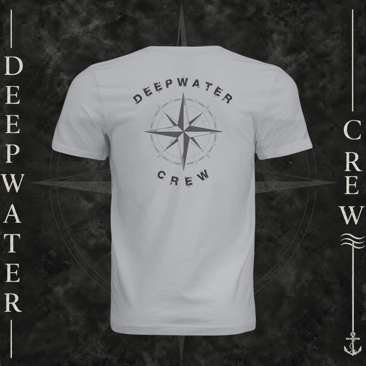 Solid Athletic Gray Deepwater Crew Co. Deepwater Nomad crewneck T-shirt, back view with large distressed compass rose graphic and Deepwater Crew lettering.