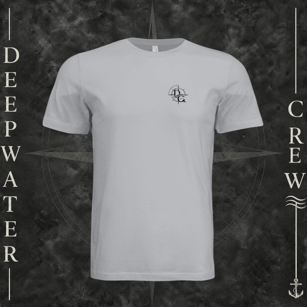 Solid Athletic Gray Deepwater Crew Co. Deepwater Nomad crewneck T-shirt, front view with small DC compass crest chest logo.