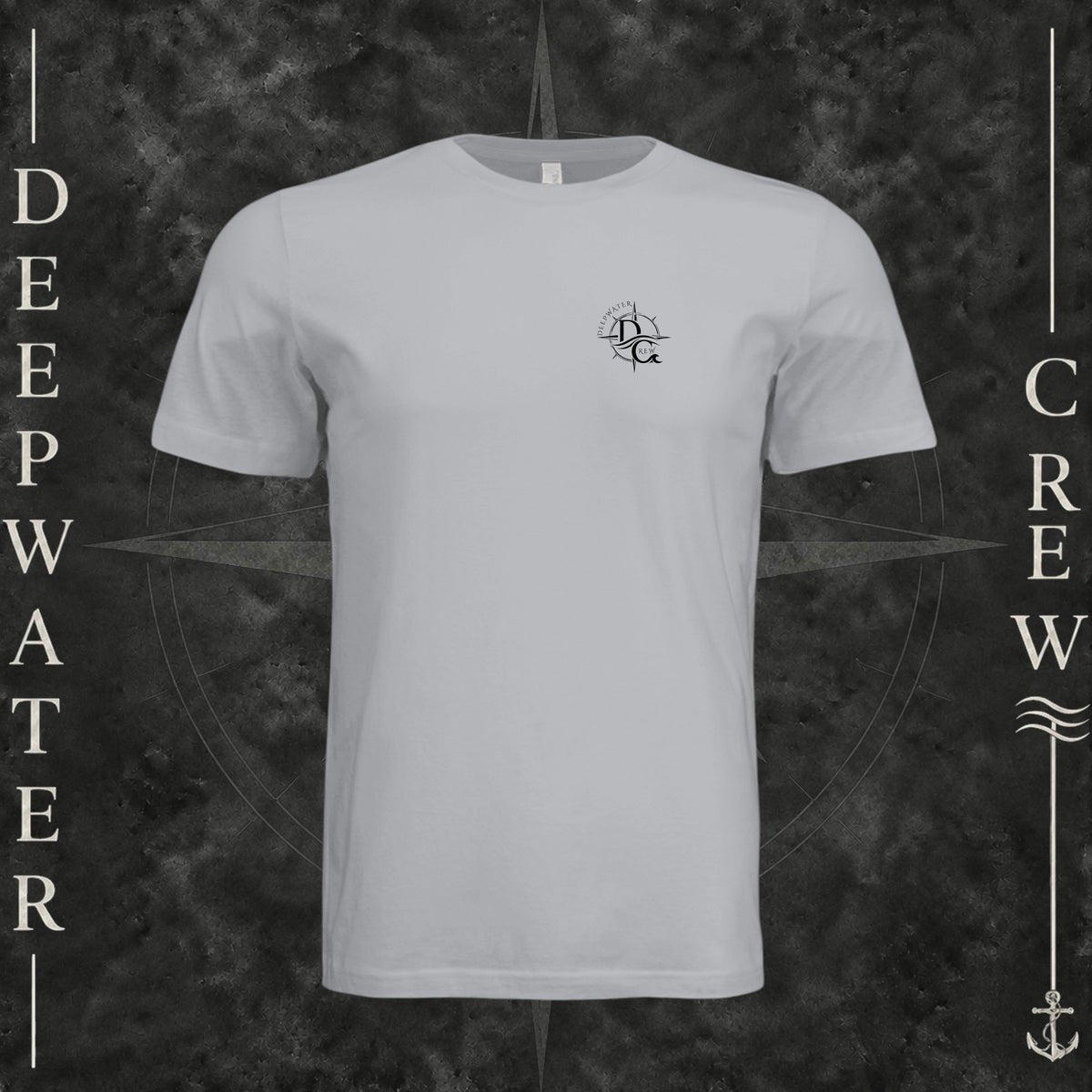 Solid Athletic Gray Deepwater Crew Co. Deepwater Nomad crewneck T-shirt, front view with small DC compass crest chest logo.
